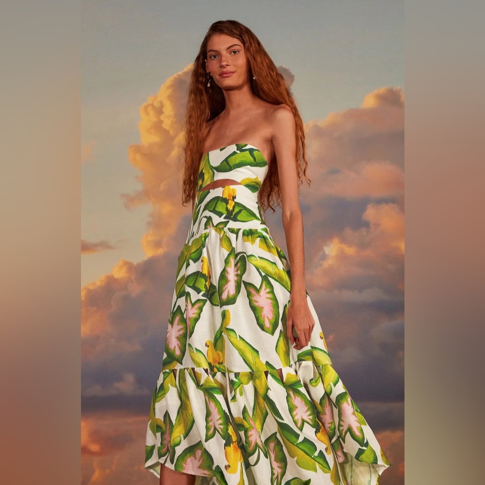 Farm Rio Summer Foliage Strapless Dress